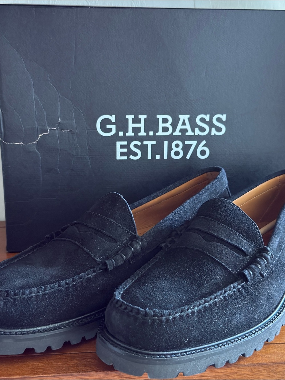 G.H. Bass & Co. Black Suede Lug-Sole Penny Loafers